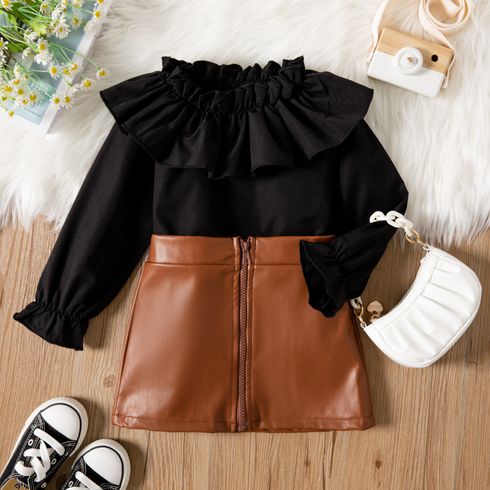 2pcs Toddler Girl Trendy Ruffled Off Shoulder Tee and Zipper PU Skirt Set