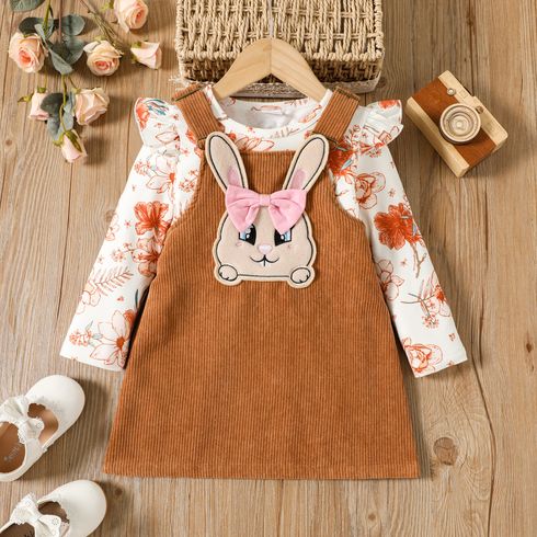 2pcs Toddler Girl Playful Floral Print Tee and Rabbit Embroidered Adjustable Corduroy Overall Dress Set