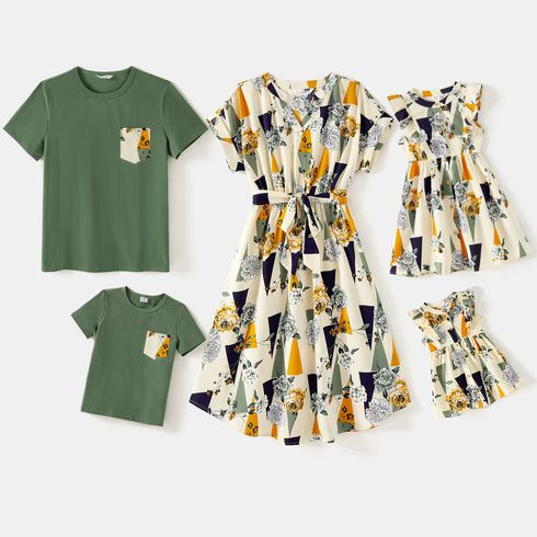 Family Matching Cotton T-shirts and Allover Geo & Floral Print Short-sleeve Dresses Sets