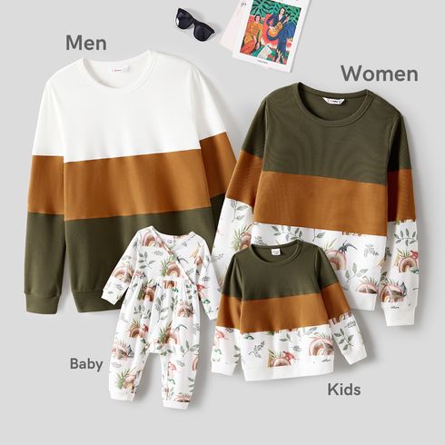 Family Matching Colorblock Floral Print Spliced Long-sleeve Waffle Tops