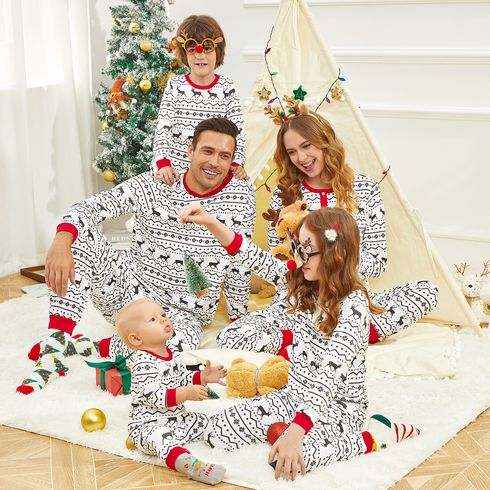 Christmas Family Matching Allover Reindeer Print White Long-sleeve Naia Pajamas Sets (Flame Resistant)
