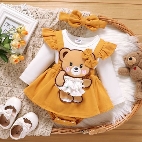 2pcs Baby Girl 100% Cotton Bear Graphic Ruffle Trim Long-sleeve Faux-two Romper & Headband Set
