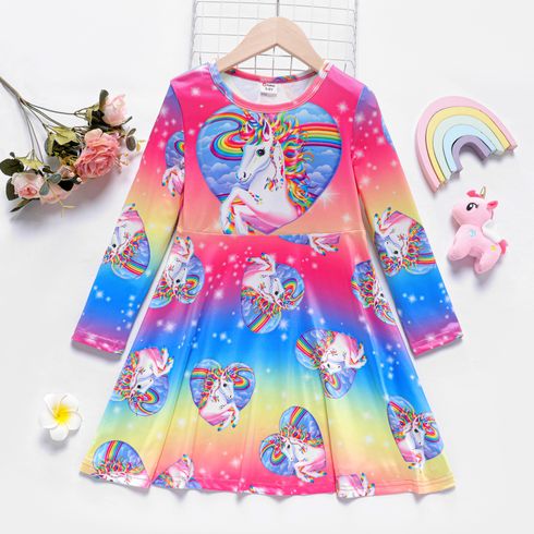 Kid Girl Unicorn Rainbow Print Long-sleeve Dress