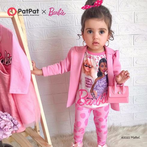 Barbie 2pcs Toddler Girl Character Print Long-sleeve Tee and Allover Print Leggings Set Pink big image 1