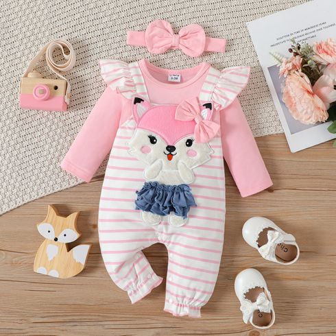 2pcs Baby Girl 95% Cotton Fox Graphic Striped Faux-two Ruffle Long-sleeve Jumpsuit & Headband Set
