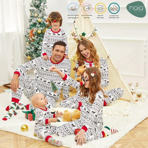 Christmas Family Matching Allover Reindeer Print White Long-sleeve Naia Pajamas Sets (Flame Resistant)