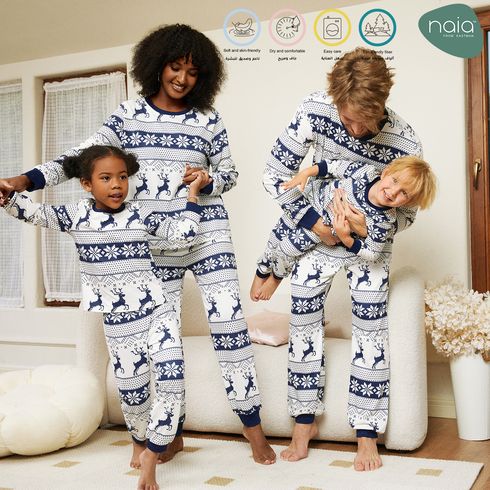 Christmas Family Matching Allover Blue Print Long-sleeve Naia Pajamas Sets (Flame Resistant)