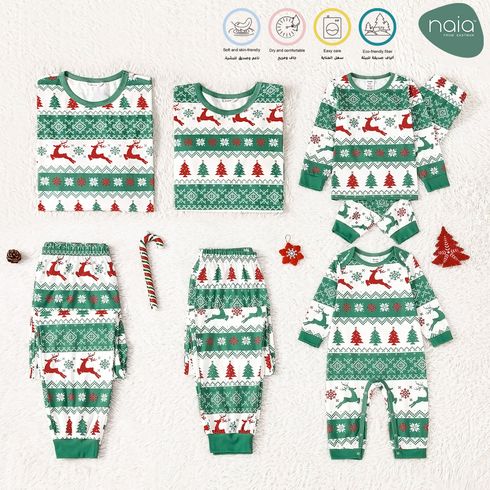 Christmas Family Matching Allover Xmas Tree & Reindeer Print Green Long-sleeve Naia Pajamas Sets (Flame Resistant)
