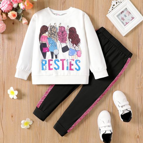 2pcs Kid Girl Figure Print Sweatshirt and Glitter Webbing Design  Pants Set