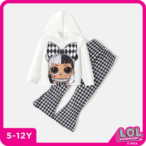 L.O.L. SURPRISE! 2pcs Kid Girl Characters Print White Hoodie Sweatshirt and Houndstooth Flared Pants Set