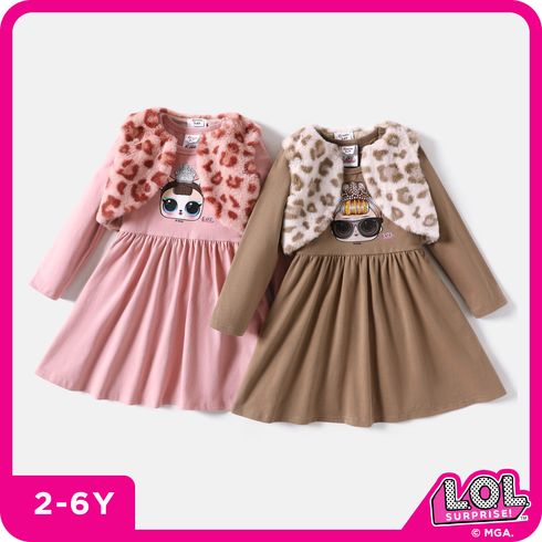 L.O.L. SURPRISE! 2pcs Toddler Girl Character Print Dress and Leopard Fleece Vest Set