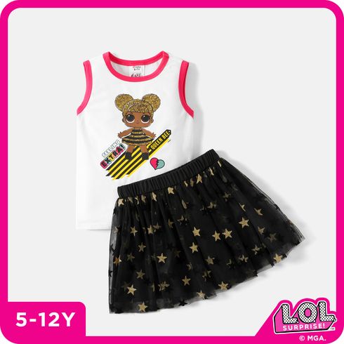 L.O.L. SURPRISE! 2pcs Kid Girl Figure Print Sleeveless Cotton Tee and Star Design Mesh Skirt Set