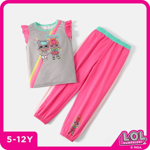 L.O.L. SURPRISE! 2pcs Kid Girl Graphic Print Striped Print Flutter-sleeve Tee and Pink Pants Set