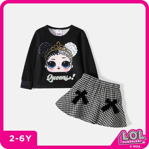 L.O.L. SURPRISE! 2pcs Toddler Girl Letter Print Long-sleeve Tee and Bowknot Design Houndstooth Skirt Set