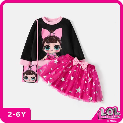L.O.L. SURPRISE! 3pcs Toddler Girl Character Print Long-sleeve Tee and Star Glitter Design Mesh Skirt and Bag Set
