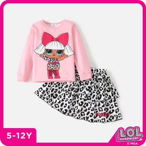 L.O.L. SURPRISE! 2pcs Kid Girl Characters Print Long-sleeve Tee and Leopard Print Layered Skirt Set