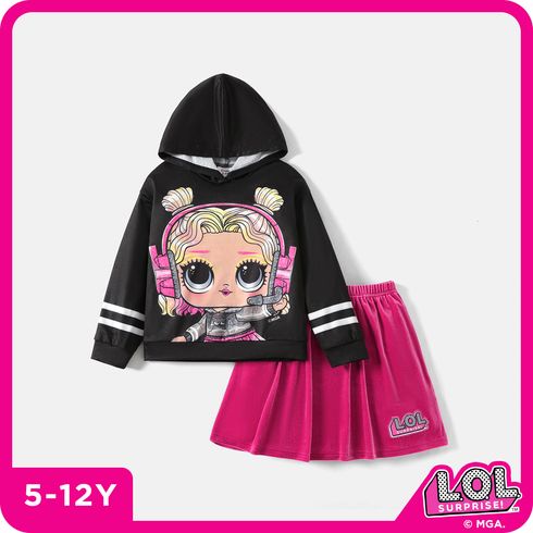 L.O.L. SURPRISE! 2pcs Kid Girl Character Print Hoodie Sweatshirt and Velvet Skirt Set