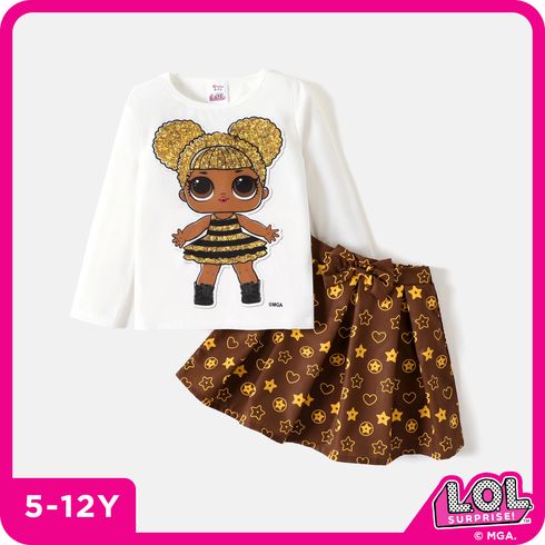 L.O.L. SURPRISE! 2pcs Kid Girl Character Print Long-sleeve Tee and Bowknot Design Allover Print Skirt Set