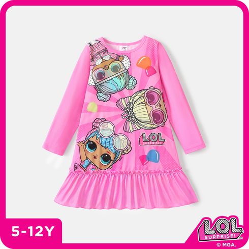 L.O.L. SURPRISE! Kid Girl Character Print Ruffle Hem Long-sleeve Pink Dress