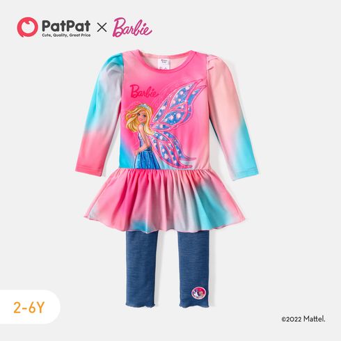 Barbie Toddler Girl Tie Dyed Long Puff-sleeve Pink Dress/ otton Elasticized Leggings