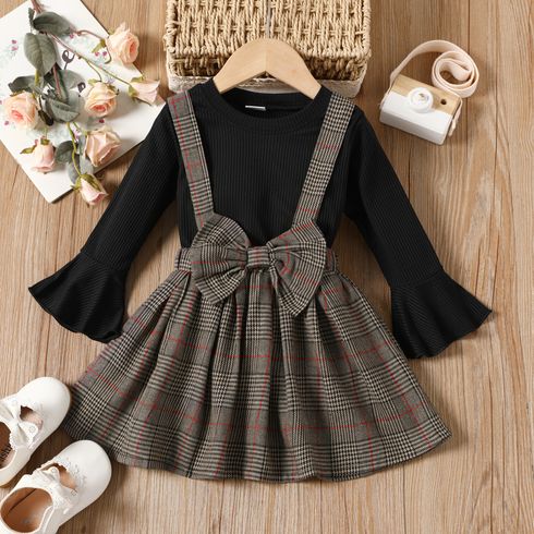 2pcs Toddler Girl Preppy style Ribbed Bell sleeves Tee and Bows Plaid Suspender Skirt Set