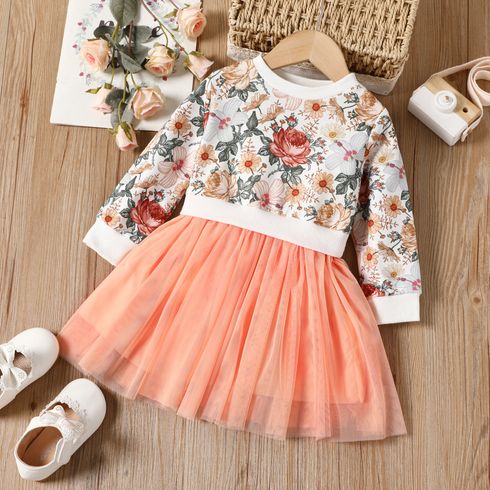Toddler Girl Faux-two Sweet Floral Print Mesh Splice Dress