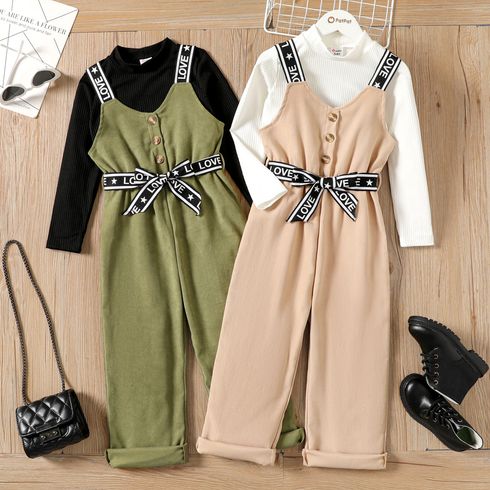2pcs Kid Girl Mock Neck Long-sleeve Tee and Webbing Design Belted Corduroy Overalls Set