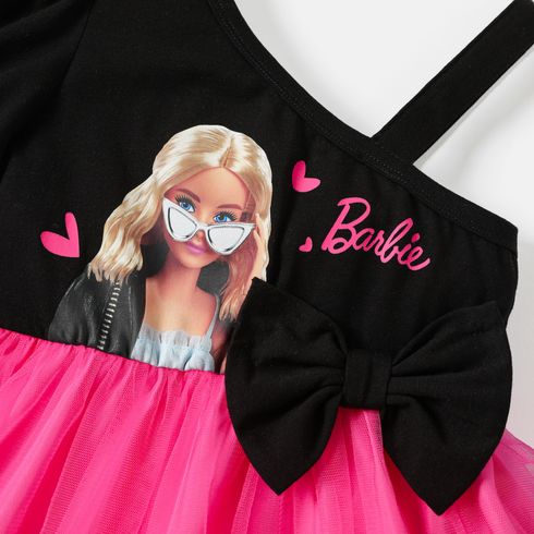 Barbie Toddler Girl Mother's Day Bowknot Design Cotton One Shoulder Mesh Splice Dress Black big image 4