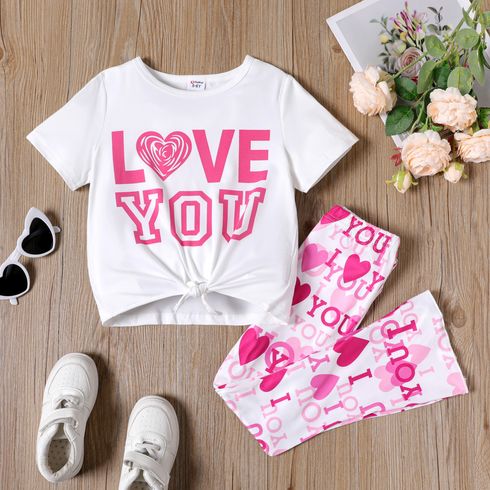 2pcs Kid Girl Valentine's Day Letter Heart Print Twist Knot Tee and Flared Pants Set