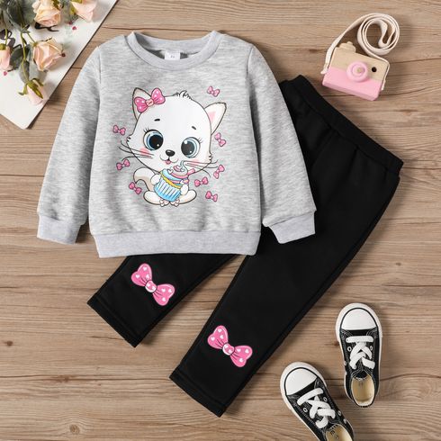 2pcs Toddler Girl Playful Cat Kitty Print Sweatshirt and Bows Print Pants Set