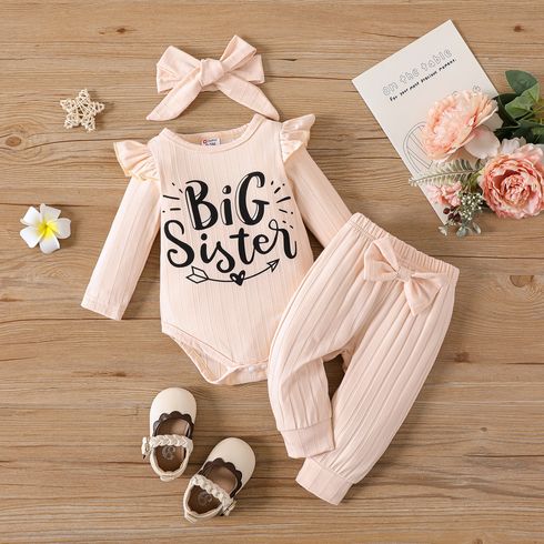 3pcs Baby Girl Letter Print Ruffle Trim Long-sleeve Romper and Bow Front Pants & Headband Set