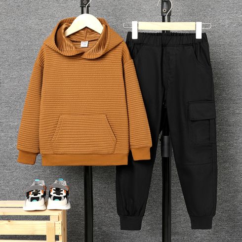 Kid Boy Solid Color Textured Hoodie Sweatshirt/ ocket Design Cotton Cargo Pants