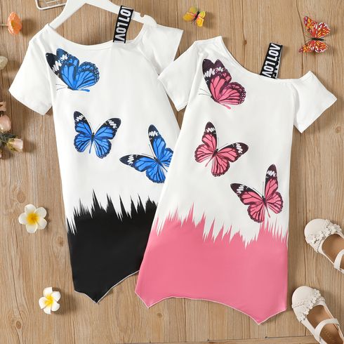 Kid Girl Butterfly Print Colorblock Irregular Hem Short-sleeve Dress