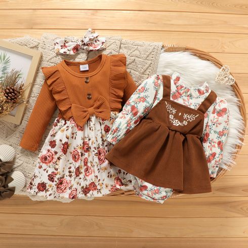 Baby Girl Long-sleeve Floral Print Spliced Dress/Romper