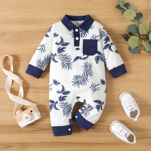 Baby Boy Allover Plant Print Polo Neck Long-sleeve Jumpsuit