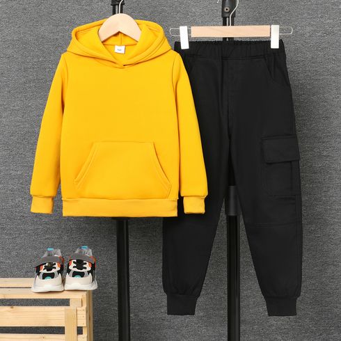 Kid Boy Fleece Lined Solid Color Hoodie Sweatshirt/ Pocket Design Cotton Cargo Pants