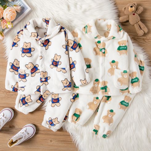 Toddler 2pcs Bear Allover Flannelette Long-sleeve Top and Pants Home Set