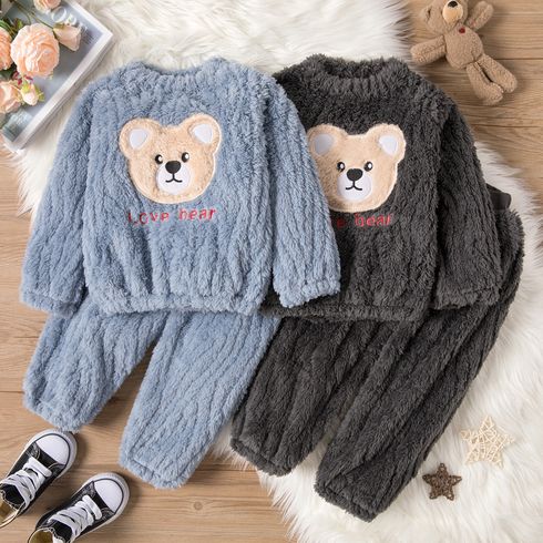 Toddler 2pcs Bear Applique Fluffy Long-sleeve Top and Pants Home Set