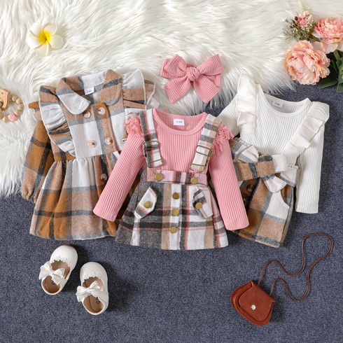 Baby Girl Long-sleeve Ribbed Romper & Plaid Skirt Set or Dress