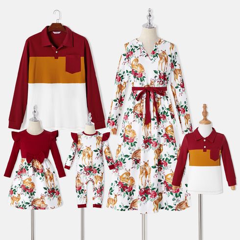 Family Matching Allover Floral Print Rib Knit Long-sleeve Dresses and Colorblock Polo Shirts Sets