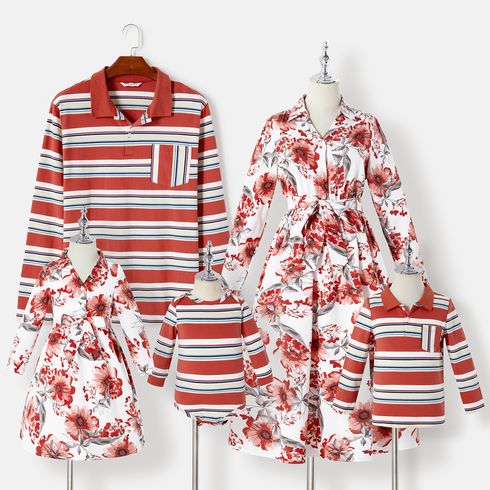Family Matching 95% Cotton Striped Polo Shirts and Allover Floral Print Long-sleeve Belted Midi Dresses Sets