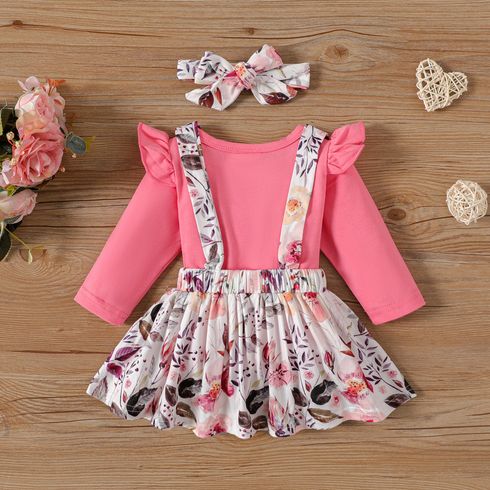 Baby 3pcs Solid Long-sleeve Top and Floral Allover Skirt with Shoulder Straps with Headband Set