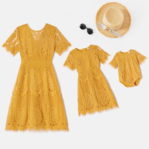 Mommy and Me Yellow Lace Short-sleeve Dresses