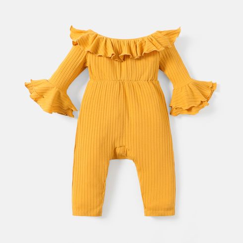 Baby Girl Solid Cotton Ribbed Off Shoulder Flare-sleeve Jumpsuit