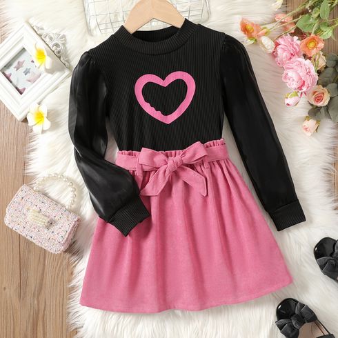 2pcs Kid Girl Heart Print Mesh Puff-sleeve Tee and Belted Corduroy Skirt Set