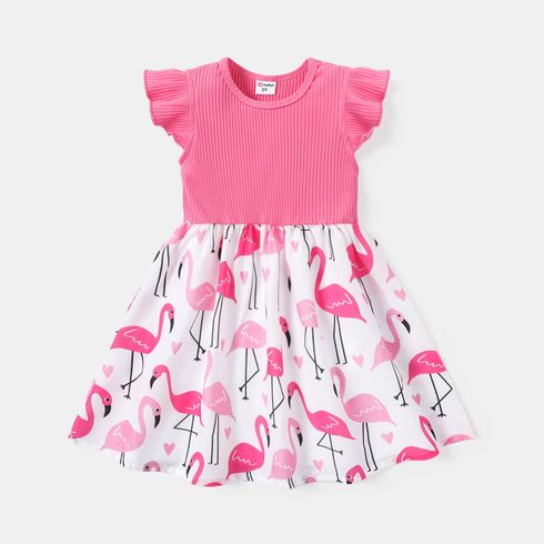 Toddler Gril Flamingo Print Splice Flutter-sleeve Dress