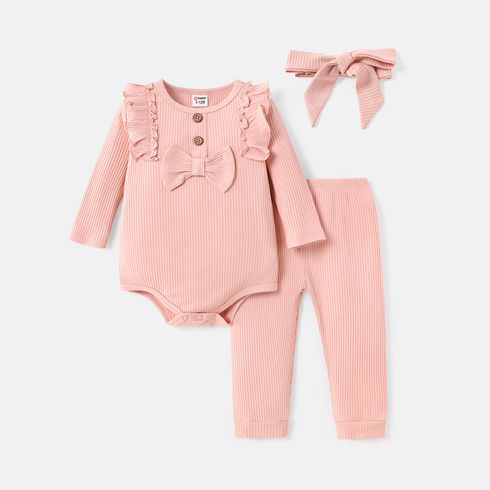 3pcs Baby Girl Solid Cotton Ribbed Ruffle Trim Bow Front Long-sleeve Romper and Pants with Headband Set
