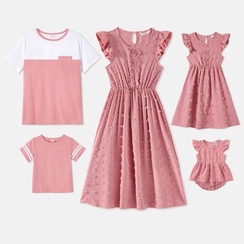Family Matching Cotton Short-sleeve T-shirts and Pink Swiss Dot Lace Detail Flutter-sleeve Dresses Sets