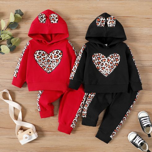 2pcs Baby Girl Leopard Ears Design Heart Graphic Long-sleeve Hoodie and Sweatpants Set