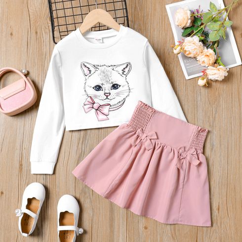 2pcs Kid Girl Cat Kitty Print Long-sleeve Tee and 3D Bowknot Design Smocked Skirt Set